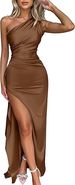One Shoulder Ruched Slit Satin Dress Short Sleeved Sexy Style For Summer Inspired_ecoleips.com