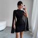 Women's Clothing Women's Shiny Print High Collar Lantern Sleeve Tight Dress Sexy Hot Girl Party Hip Skirt_ecoleips.com