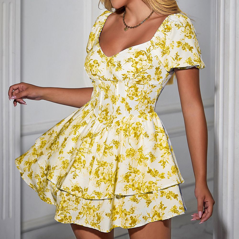 Women's Clothing Summer New Women's Short Sexy Sweet And Spicy Dress Print Slim Short Sleeve Cake Skirt_ecoleips.com
