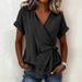 Women's Casual Solid Color Lapel T-Shirt Short Sleeve Irregular Loose Fit Spring/Summer Top American Style_ecoleips.com