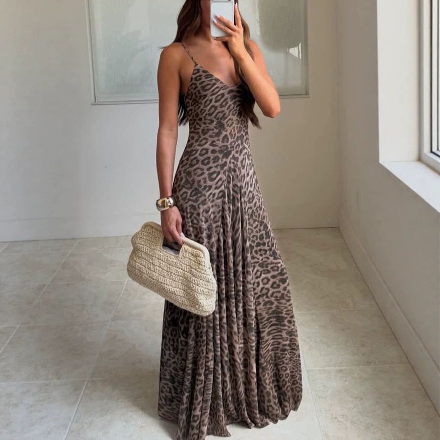 Leopard Print Mesh Suspender Dress Casual Vacation Style Zipper New European American 2026_ecoleips.com