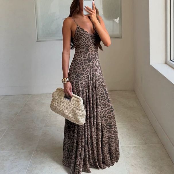 Leopard Print Mesh Suspender Dress Casual Vacation Style Zipper New European American 2026_ecoleips.com