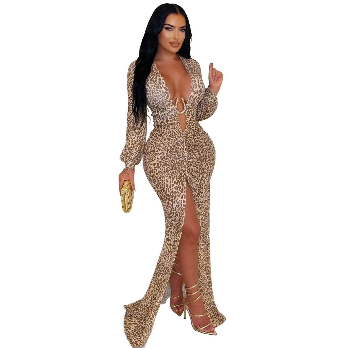 Women's Deep V Cheetah Print Dress – Long Sleeve Bodycon With High Slit & Mesh Detail (S-Xxl) All-Day Comfort_ecoleips.com