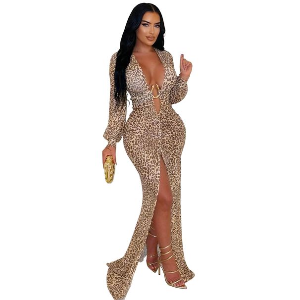 Women's Deep V Cheetah Print Dress – Long Sleeve Bodycon With High Slit & Mesh Detail (S-Xxl) All-Day Comfort_ecoleips.com