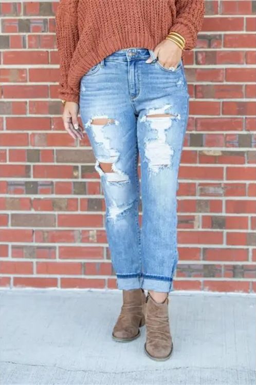 Women's Clothing New Light Colored Skinny Pants Long Ripped Jeans Women's Street Wear Mid Waist Skinny Pants_ecoleips.com