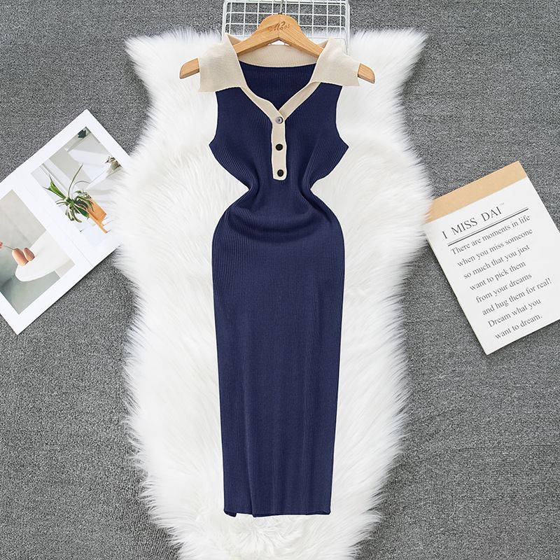 Women's Clothing New Polo Collar Contrast Color Slim Dress Knitted Slim Hip Skirt_ecoleips.com