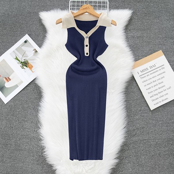 Women's Clothing New Polo Collar Contrast Color Slim Dress Knitted Slim Hip Skirt_ecoleips.com