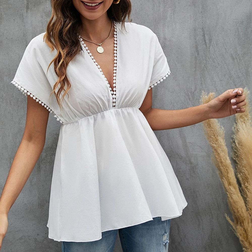 Voya Women's V-neck Bat Sleeve Loose Temperament T-shirt Spring New Style Pullover Solid Color Short Sleeved Top_ecoleips.com