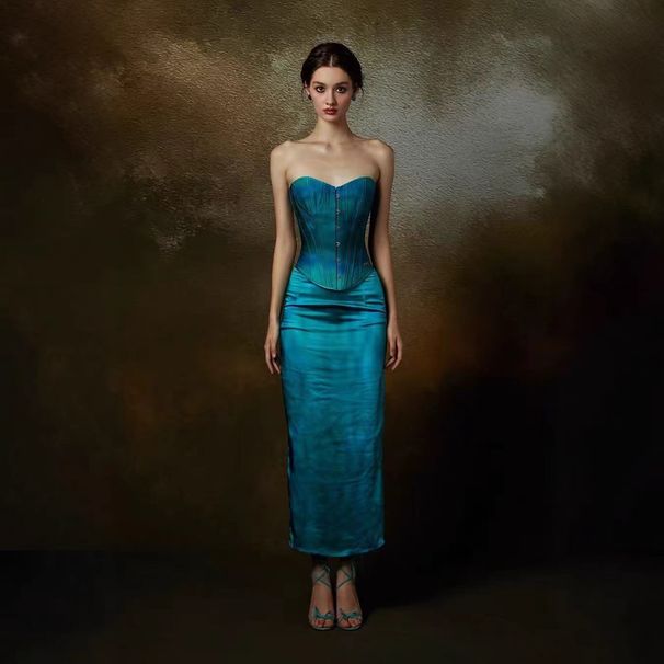 Women's Clothing Women's Blue Fishbone Strapless Fitted Top And Satin Fishtail Pencil Skirt Two Piece Mermaid Inspired Suit_ecoleips.com