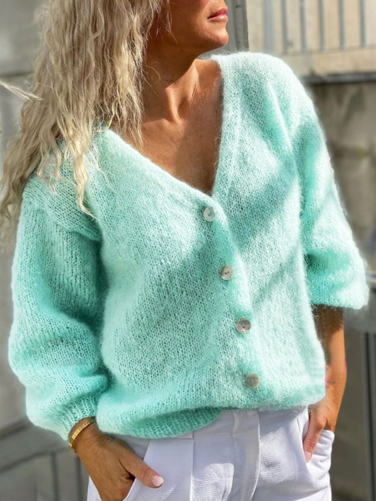 Women’s Deep V-Neck Button Cardigan – Soft Mohair Blend Knit Sweater (S-XL) – Light Blue, Versatile & Stylish_ecoleips.com