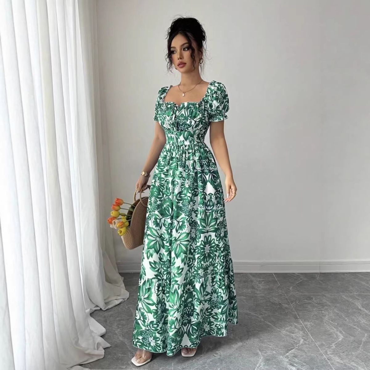 Women's French Vintage Floral Square Neck Puff Sleeve Maxi Dress – Casual Boho Summer Long Gown_ecoleips.com