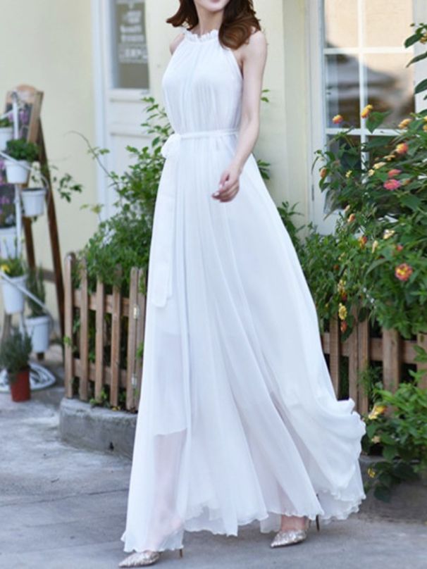 K Hanging Neck Floor Standing Collar Dress, Beach Skirt, Extra Long Off Shoulder Dress_ecoleips.com