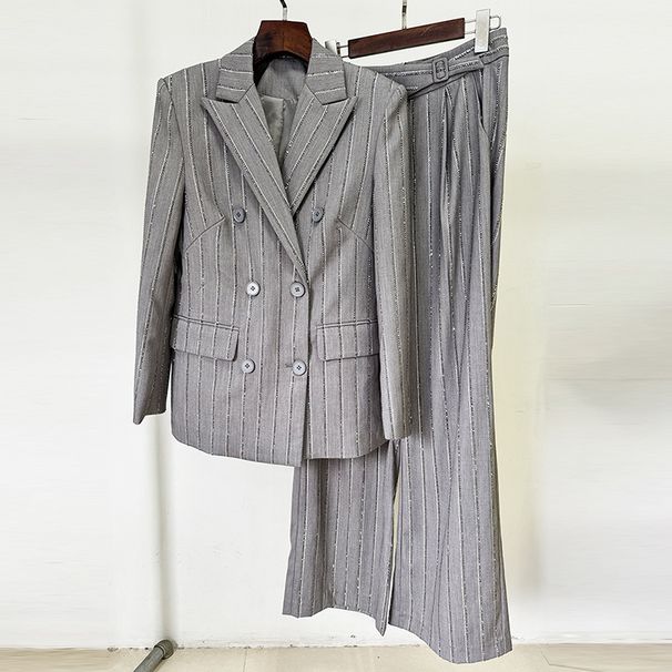 Women's Clothing Early Spring New High Grade Gray Heavy Hot Diamond Double Breasted Suit Trousers Suit Two Piece Suit_ecoleips.com