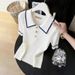Summer New Women's White Polo Collar Short Sleeve T-Shirt Knitted Top Stylish Unique Beautiful Snow_ecoleips.com