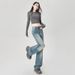 Vintage Washed Slim-fit Flared Jeans For Women, Straight Wide-leg Slimming Floor-length Pants, Extra-long_ecoleips.com