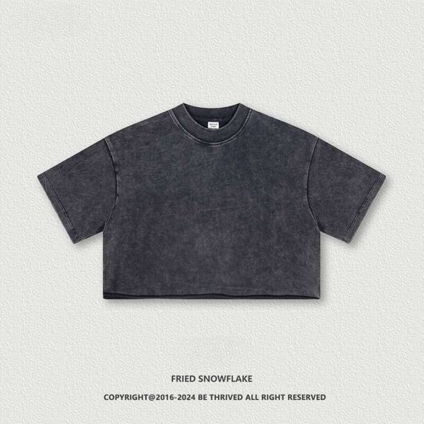 BE Fashion Brand Spicy Girl New Round Neck Distressed Washed Brushed Sleeved T-Shirt Short Cut Exposed Navel Women's_ecoleips.com