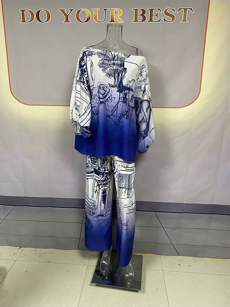 Women’s Clothing printing new fashion long sleeved bat shirt wide leg pants suit with belt_ecoleips.com