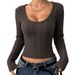 Women's Slim Fit Cable Knit Sweater Solid Color U Neck Cropped Style For Autumn Winter Sexy Fashion_ecoleips.com