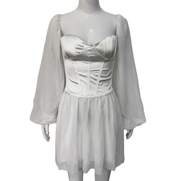 Elegant Slim Fit Sexy Chiffon Dress With Puff Sleeves OL Style Office Ladies Summer Spring Casual Formal Wear Dress_ecoleips.com
