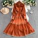 French Court Style Retro Lace Edge Lapel Lantern Sleeve Dress Women's Summer Single Breasted Waist Slim Long Skirt_ecoleips.com