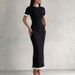 Ruffle Color Blocked Short Sleeved Knitted Dress Summer O-neck Wrap Hip Commuting Dress Casual Pit Stripe Women's Long Dresses_ecoleips.com