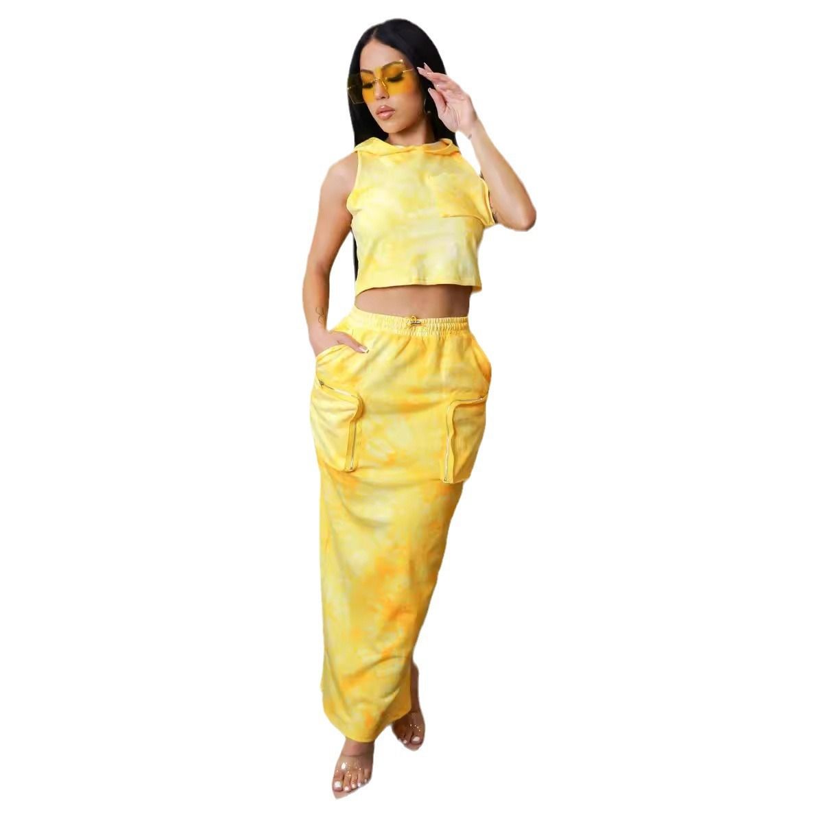 Women's Clothing Sexy Loose Printed Hooded Workwear Pocket Sleeveless Vest Slit Skirt Suit_ecoleips.com