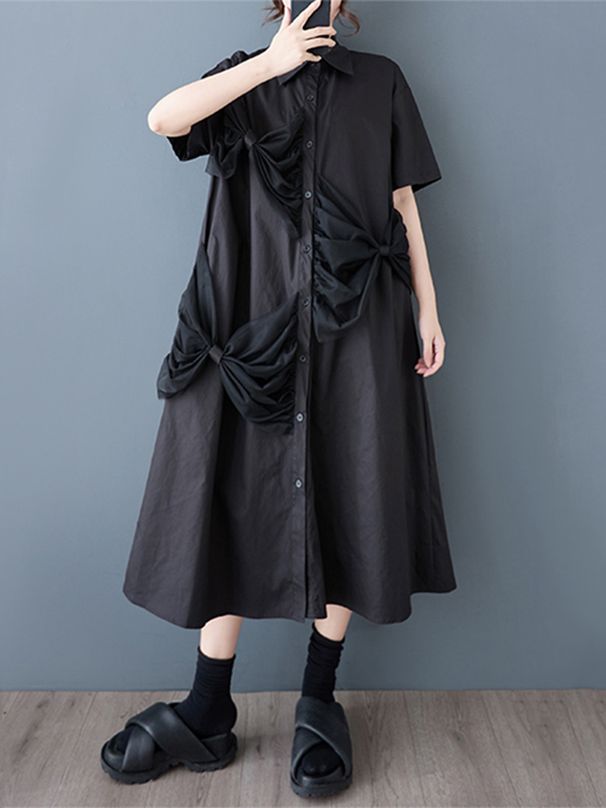 Patchwork Mesh Bow Vintage Shirt Dresses For Women Long Summer New Short Sleeve Loose Casual Dress Korean Elegant Clothing 2025_ecoleips.com