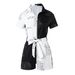 women's clothing, elegant and color-blocked printed zipper tie shirt collar jumpsuit_ecoleips.com