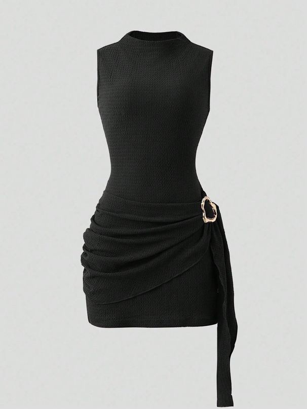 Slim Fit Textured Solid Color Knit Dress with Metal Buckle for Women Spring/Summer New Style Available for Cross Border E-commerce in Europe And America_ecoleips.com