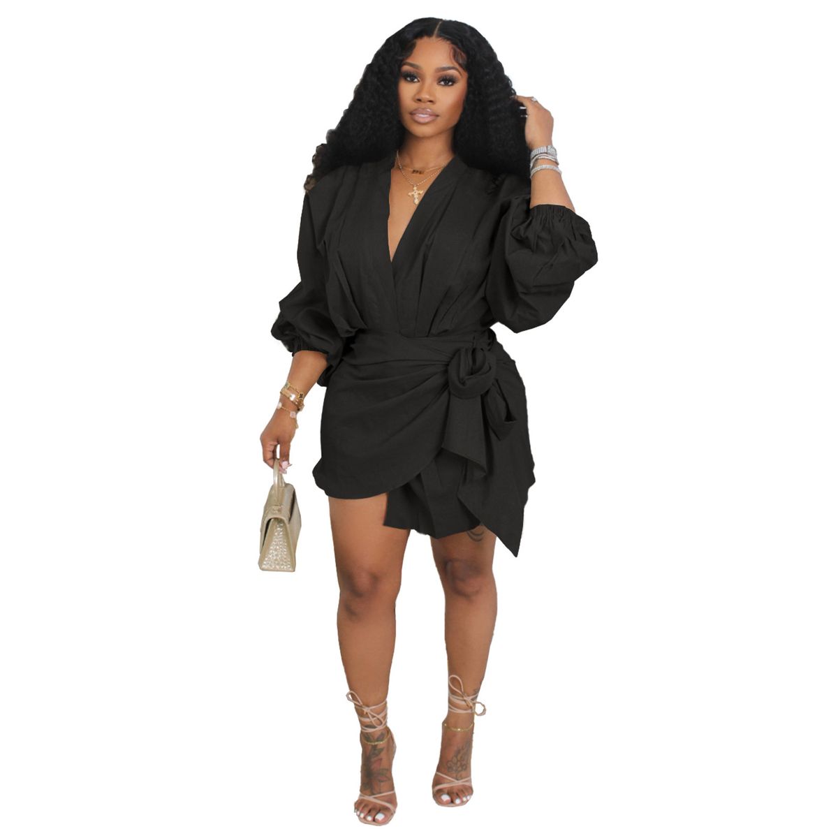 Women's Casual V Neck Wrap Dress Solid Color Patchwork Pleated Shoulder Strap Design_ecoleips.com