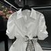 Women's Clothing New Arrivals Short Sleeved Shirt Waist Scarf Top White Women's European Temperament All Match Three Quarter Sleeve Shirt_ecoleips.com