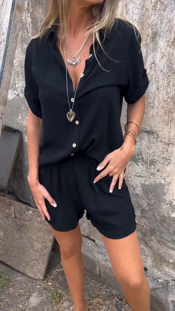 Women's Spring/Summer Cotton/Linen Short-Sleeved Short Pants Casual Outfit_ecoleips.com