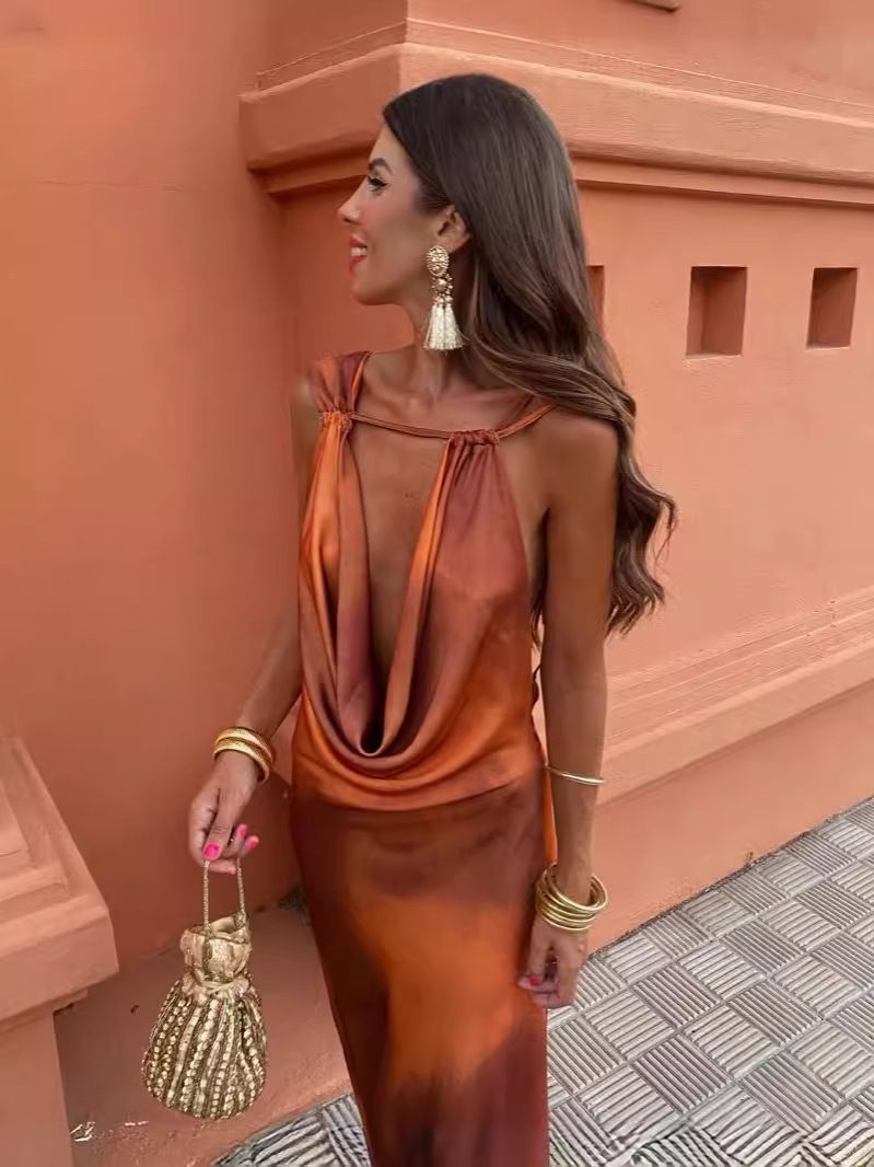 Summer New Slim Fit Swinging Collar Satin Gradient Elegance Sexy Dress_ecoleips.com