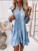 Women's Clothing New Solid Color Washed Cotton Five Point Sleeve A Line Mid Length Denim Dress Long Skirt_ecoleips.com