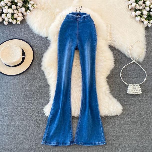Women's High-Waisted Flared Jeans Retro Elegant Korean Style Slim Fit Elastic Waistband Wide Leg Pants for Spring Autumn_ecoleips.com