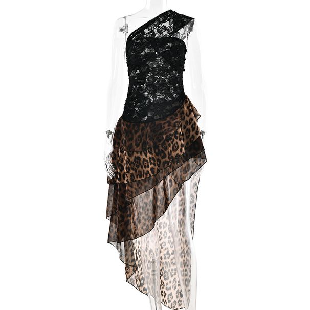 Sexy Leopard Print Chiffon Maxi Dress For Women Backless Lace Patchwork Fashionable Hot Girl_ecoleips.com