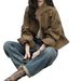 Gumanqu Retro Coffee Color Denim Short For Women, New Spring And Autumn Design, Loose Stand Collar Workwear Jacket Top_ecoleips.com