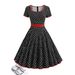Vintage-Inspired Polka Dot Square Neck Short Sleeve Zipper Pleated Midi Dress For Women, Elegant A-Line Swing Skirt For Casual & Office Wear_ecoleips.com