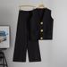 Fashion Suits For Women Summer New European And American Sleeveless Large Button Sweater Top Straight Wide Leg Pants Two Piece Suit_ecoleips.com