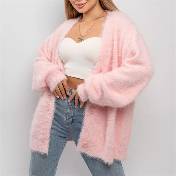 Luxury Faux Mink V-Neck Cardigan – Oversized Knit Sweater Coat For Women (Camel/Grey/Pink/White)_ecoleips.com