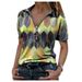 Plus-Size Women's Clothing T-Shirt, Summer Short-Sleeved Zipper V-Neck Contrasting Color Printed Base Layer Top_ecoleips.com