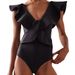 Women's Clothing Black One-Piece Backless Swimsuit With Lace Hemline Adult Pure Color Polyester Fabric_ecoleips.com