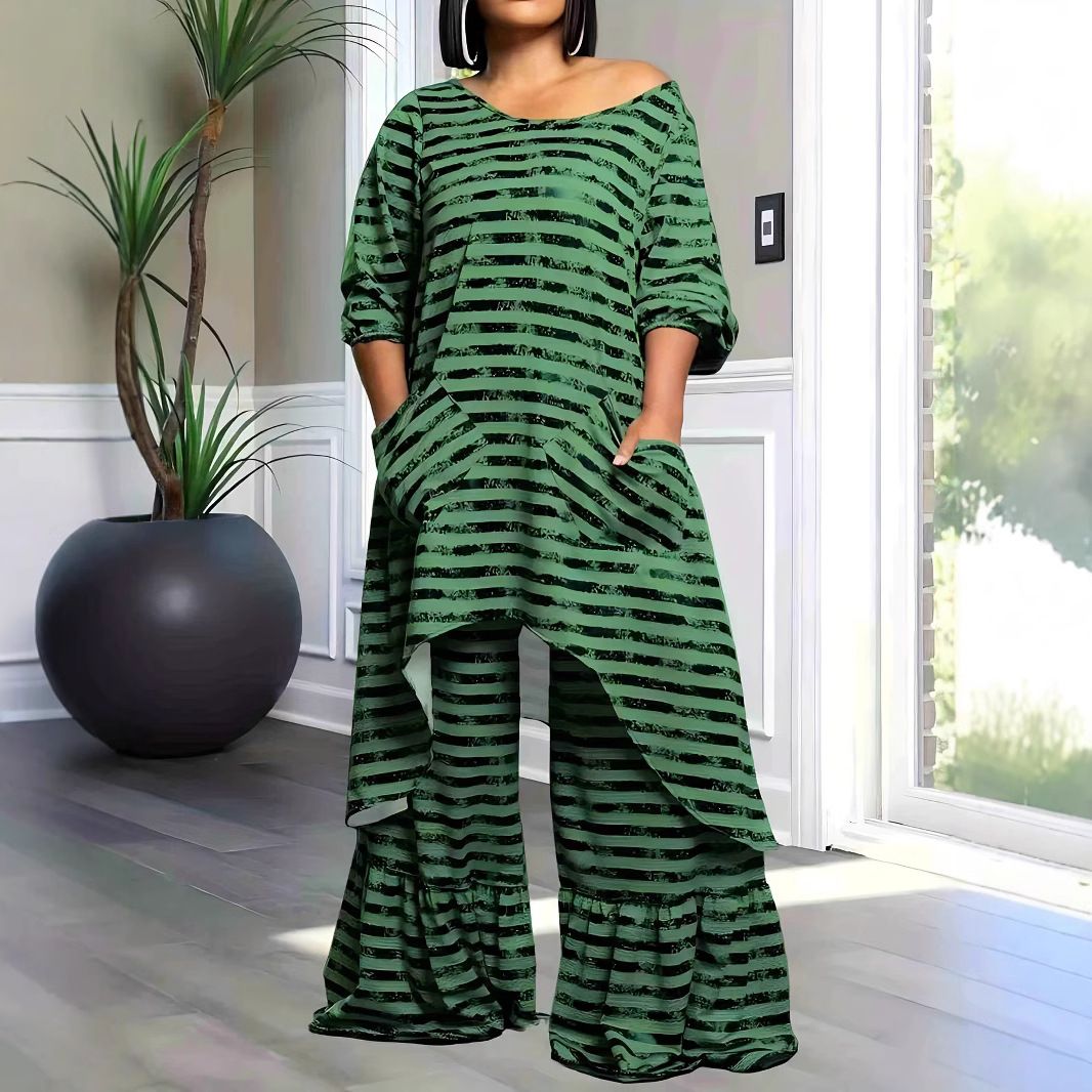 Plus Size Casual Lounge Set - Asymmetrical Top & Pleated Wide-Leg Pants, Polyester-Spandex Blend Two-Piece Outfit For Women (0XL-5XL)_ecoleips.com