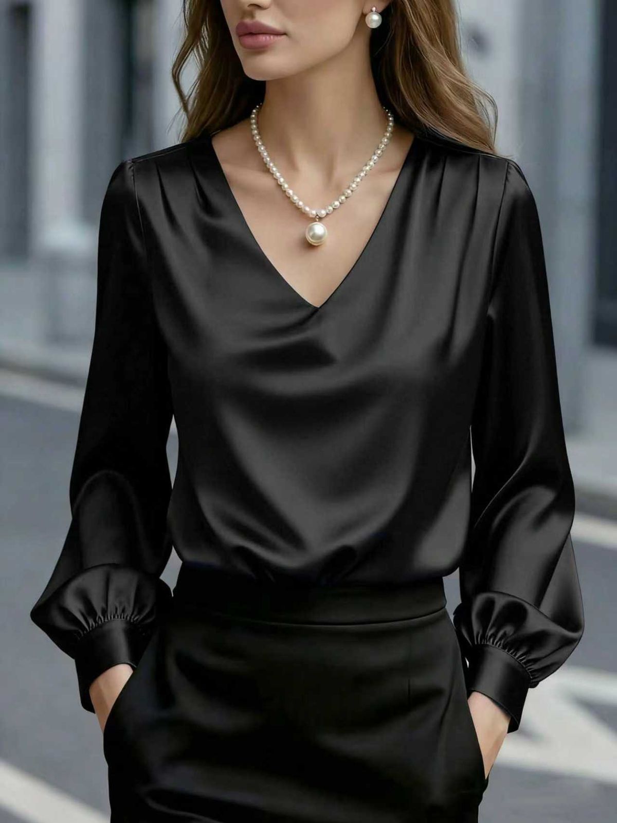 Elegance Puff Sleeve V Neck Satin Long Sleeve Shirt For Women New Relaxed Everyday Wear Comfortable Feshion_ecoleips.com
