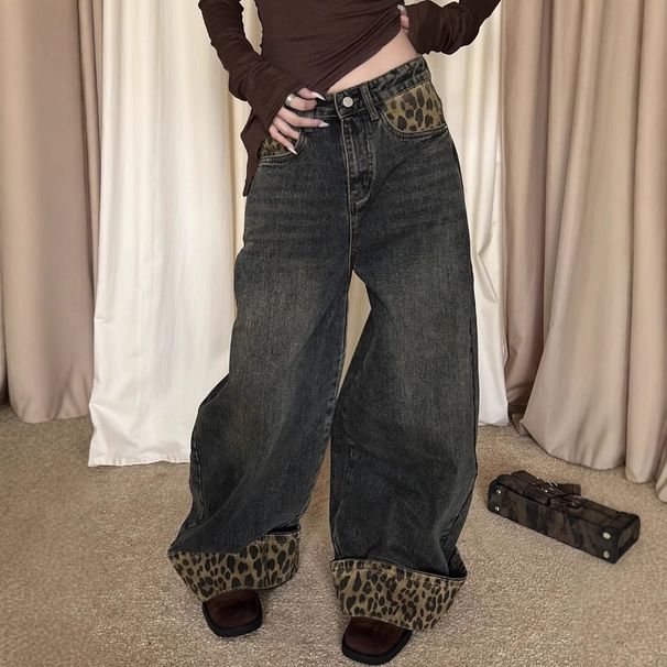 Trendy Patchwork Y2K Retro Leopard Print Wide-Leg Jeans For Women, Versatile Niche American Style Loose Straight Pants_ecoleips.com