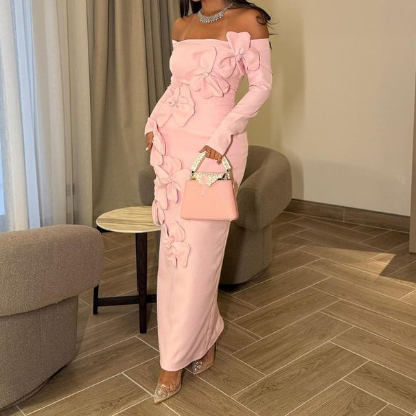 Elegant Off Shoulder Long Sleeve Skinny Dress Fashion Flower Dimensional Pink Wrap Hip Dress Lady Sexy Backless Solid Long Dress_ecoleips.com