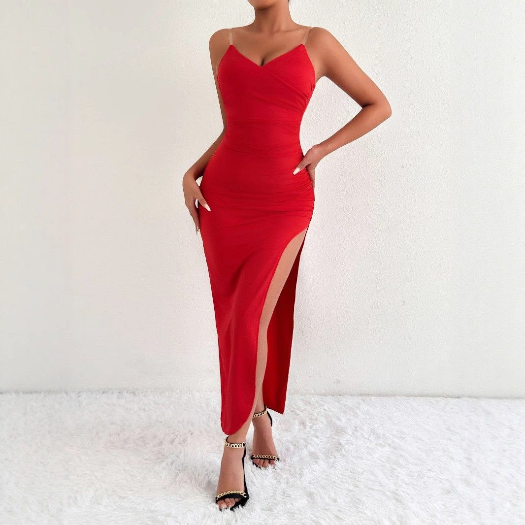 Women's Clothing New V Neck Sexy Slim Backless Slit Sling Dress Long Sleeveless Dress_ecoleips.com