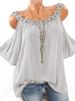 Women's Clothing 2025 Summer Lace Trim Round Neck Off-Shoulder Solid Color T-Shirt_ecoleips.com