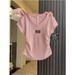 Women's Slim Fit V-Neck Short Sleeve T-Shirt - Side Pleats & Waist Contouring Design - Pure Cotton Casual Top For Summer_ecoleips.com