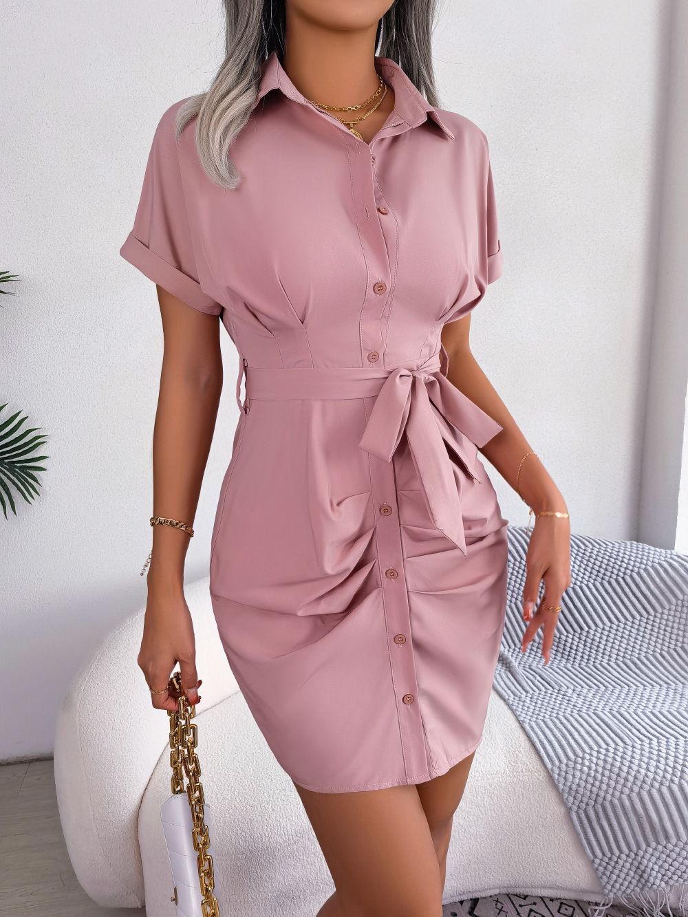 Ins Style Real Shot Summer European And American Casual Solid Color Batwing Sleeve Waist-Cinching Pleated Shirt Dress_ecoleips.com